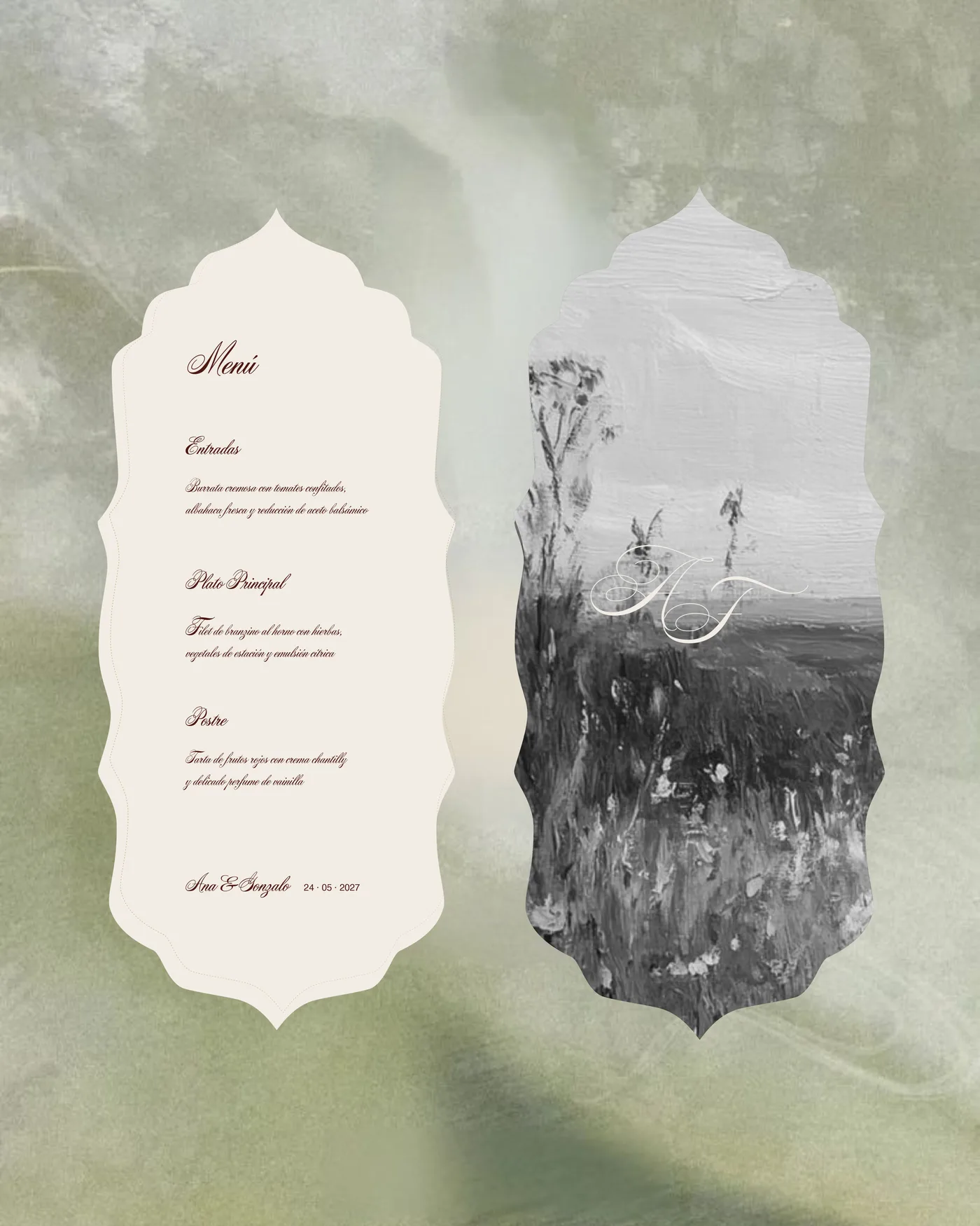 Menú y tarjeta de boda sobre fondo verde